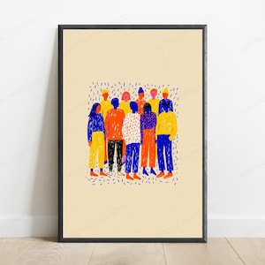 May include: A framed vertical wall art print featuring a group of stylized figures in a crowd. The figures are rendered in vibrant blue, orange, and yellow colors with textured line work, set against a solid light beige background.