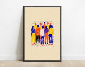 Könnte beinhalten: Ein gerahmtes vertikales Wandbild, das eine Gruppe stilisierter Figuren in einer Menschenmenge zeigt. Die Figuren sind in leuchtendem Blau, Orange und Gelb mit texturierten Linien auf einem hellbeigen Hintergrund dargestellt.