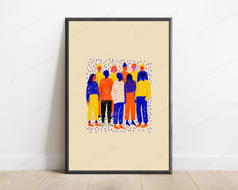 May include: A framed vertical wall art print featuring a group of stylized figures in a crowd. The figures are rendered in vibrant blue, orange, and yellow colors with textured line work, set against a solid light beige background.