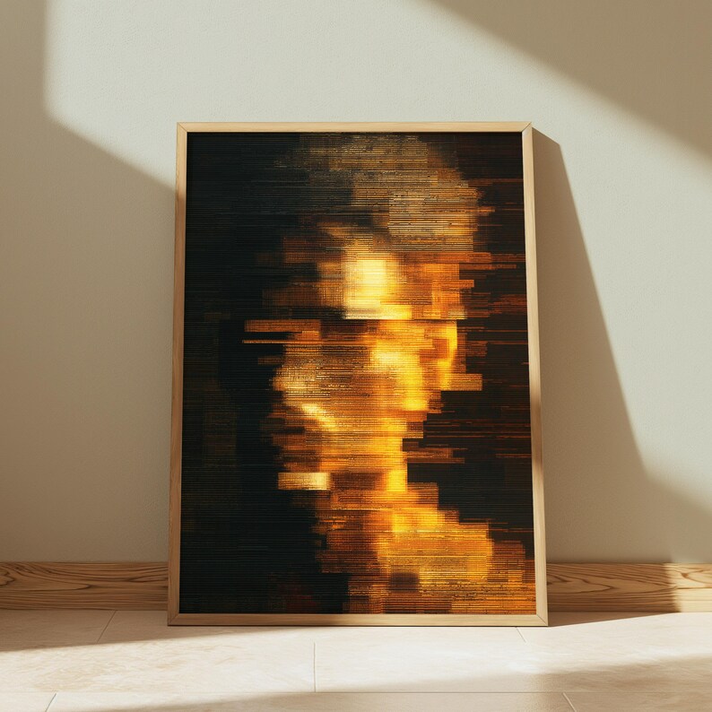 May include: A rectangular framed wall art piece featuring a digital glitch effect portrait. The image displays a human silhouette rendered in horizontal bands of bright yellow, orange, and gold light against a deep black background.