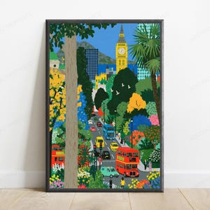 Big Ben-tryck i Londonparken | Livfull urban blommig illustration (digital nedladdning)