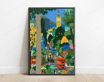 London Straßenszene Big Ben Park Poster | Lebendige Stadt Blumenwandkunst | Urbane Landschaft Illustration | Digitaler Download A3-A2-A1