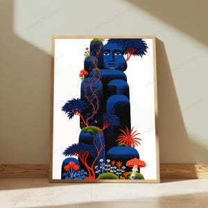 K&ouml;nnte beinhalten: Ein gerahmter vertikaler Kunstdruck mit einer stilisierten blauen Felsformation, in deren oberem Teil ein menschliches Gesicht integriert ist. Das Bild zeigt leuchtend orangefarbene und rote Pflanzen, dunkelblaue B&auml;ume und einen roten Pilz.