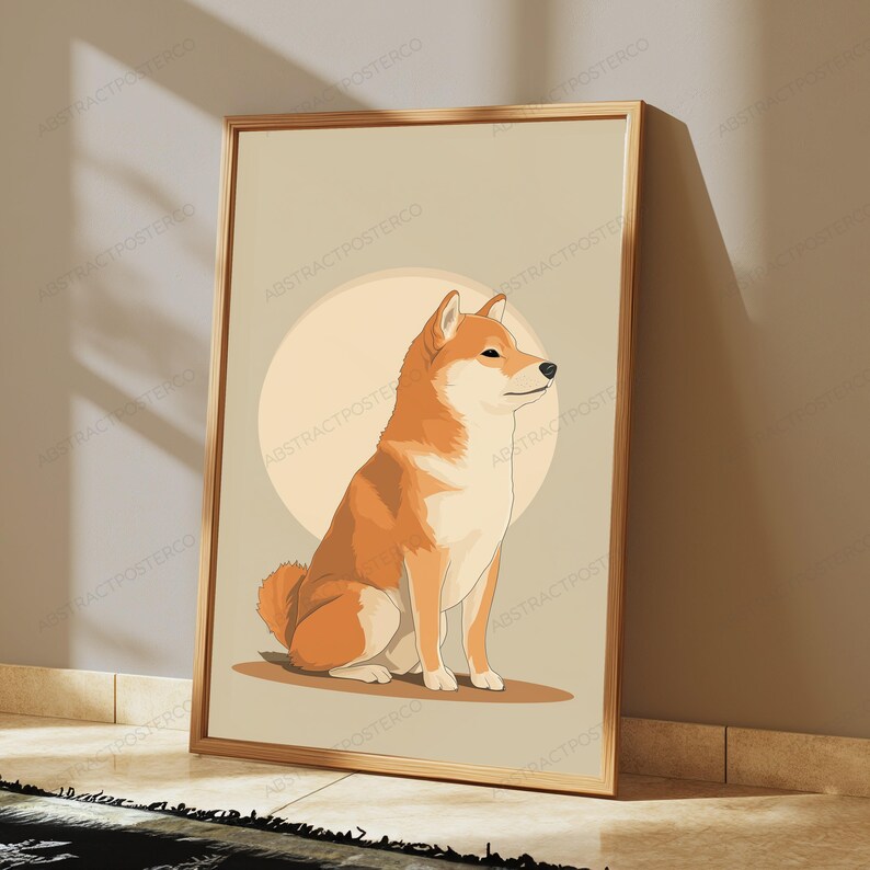 May include: A framed vertical wall art print featuring a stylized illustration of a Shiba Inu dog sitting in profile. The dog has orange and cream fur and is positioned against a large, pale circular background on a solid light tan field.