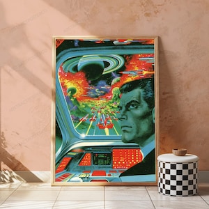 May include: A framed science fiction poster featuring a person in a cockpit looking out at a space battle with red spaceships, a ringed planet, and green nebulae. The cockpit console has red buttons and displays, and the person has green skin.