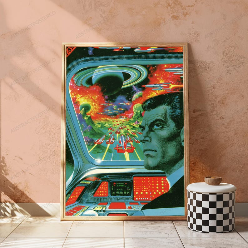 May include: A framed science fiction poster featuring a person in a cockpit looking out at a space battle with red spaceships, a ringed planet, and green nebulae. The cockpit console has red buttons and displays, and the person has green skin.