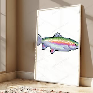 May include: A framed vertical wall art print featuring a pixel art illustration of a rainbow trout. The fish is rendered in a digital 8-bit style with a white background, showcasing a gradient of pink, green, and blue scales along its body.