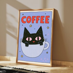 Black Cat Coffee Mug Pop Art Print | Whimsical Cat Lover Wall Art | Minimalist Home Decor | Digital Download A3 A2 A1 image 5