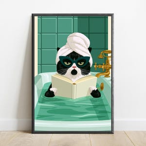 Stampa di un gatto nero con occhiali da sole per vasca da bagno / Divertente arte murale con gatto / Arredamento minimalista per la casa / Download digitale A3 A2 A1 immagine 1