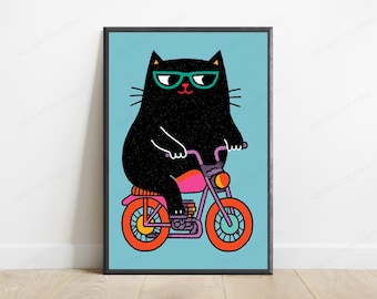 Cool Black Cat on Motorcycle Pop Art Print | Retro Biker Cat Wall Art | Fun Animal Decor | Digital Download A3 A2 A1