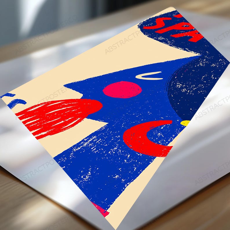 May include: A rectangular art print on a light cream background featuring a textured blue abstract shape. The design includes a bright red circular form, a red crescent shape, and a red brushstroke element. The text "ABSTRACTPOSTERCO" is visible.