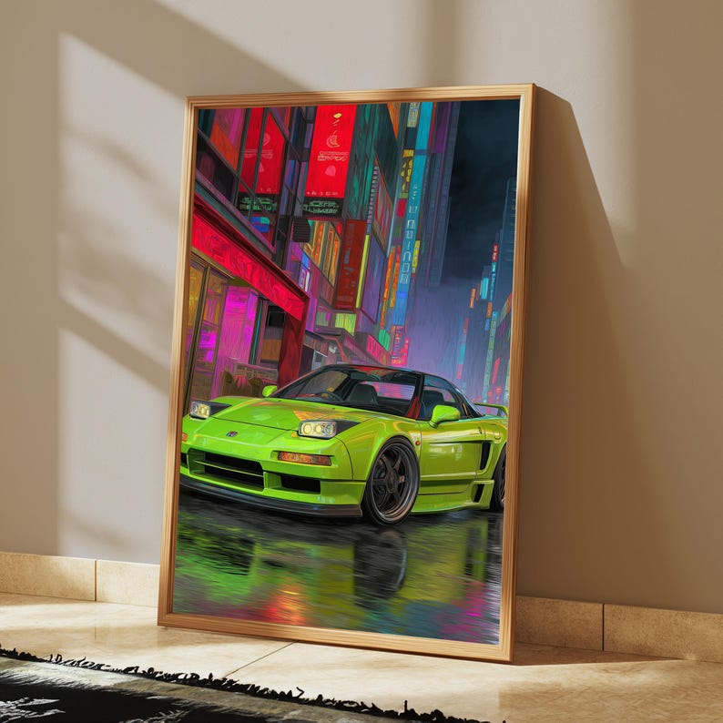 Lámina decorativa estilo cyberpunk con diseño de coche deportivo neón / Arte mural JDM verde lima / Decoración neón vaporwave / Descarga digital A3 A2 A1 imagen 3