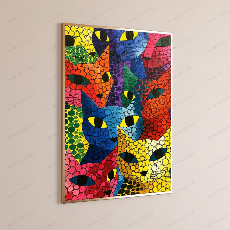 Puede incluir: Una impresi&oacute;n de arte mural rectangular que presenta un vibrante patr&oacute;n de mosaico multicolor de caras de gato superpuestas. La obra muestra varias cabezas felinas en tonos amarillo, azul, naranja, verde, rojo y rosa, todas definidas por contornos oscuros.
