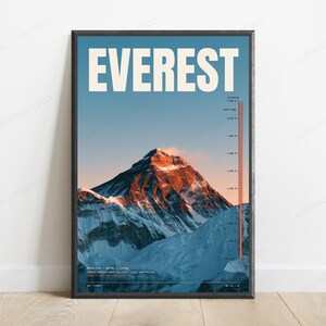 Pôster de viagem com a altitude do Monte Everest | Arte de parede com picos do Himalaia | Impressão de aventura