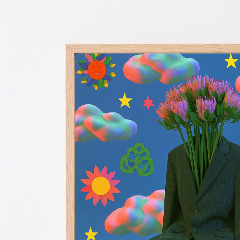 May include: A framed art print featuring a dark blue background with colorful clouds, yellow and red suns, and yellow stars. A dark pinstriped suit jacket is positioned at the bottom right, with a bouquet of pink and green protea flowers emerging from the neck.
