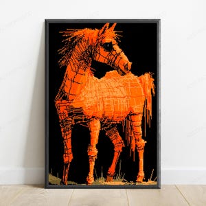 Impressão Pop Art com Cavalo Laranja em Efeito Glitch | Arte de Parede Equina Retrô em Pixel Art | Decoração Moderna para Casa com Tema Animal | Download Digital A3 A2 A1 imagem 1