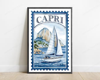 Capri Sailboat Vintage Travel Poster | Coastal Nautical Wall Art | Mediterranean Sailing Print | Digital Download A3 A2 A1