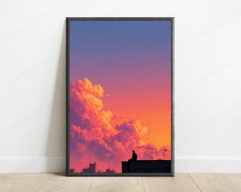 Anime Rooftop Sunset Print | Japanese Cityscape Poster | Lofi Bedroom Decor (Digital Download)