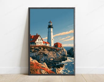 Coastal Lighthouse Red Roof House | Seaside Landscape Art Print | Nautical Wall Decor