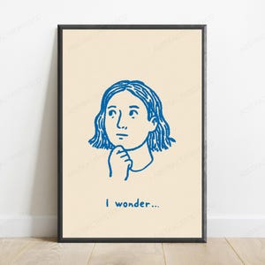 Pu&ograve; includere: Una stampa artistica incorniciata con sfondo color crema e un'illustrazione a linee blu di una persona con capelli alle spalle che appoggia il mento sulla mano. Sotto l'illustrazione, il testo recita, I wonder...
