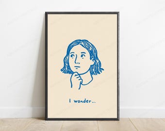 Thoughtful Girl Portrait Print | Blue Line Art | Minimalist Wall Decor | Contemplative Woman Illustration | Digital Download A3 A2 A1