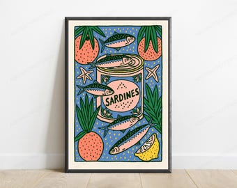 Dosen Sardinen Essen Kunstdruck | Retro-Küchenwanddekor | Minimalistische Speisekammerkunst | Digitaler Download A3-A2-A1