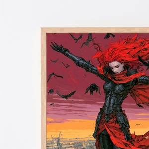 May include: A framed digital illustration featuring a figure with vibrant red hair and dark armour, wearing a flowing red scarf. The figure stands against a deep red and orange sunset sky filled with silhouettes of flying birds over a distant city.