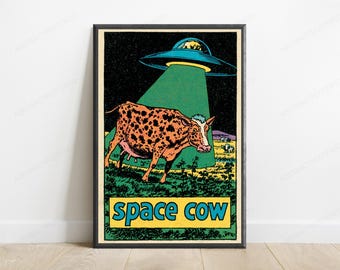 Retro Space Cow UFO Pop Art Print | Quirky Sci-Fi Farm Animal Wall Art