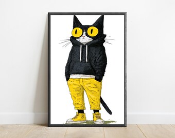 Cool Black Cat Hoodie Pop Art Print | Funny Animal Wall Art | Minimalist Cat Decor | Digital Download A3 A2 A1