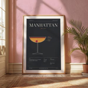 Manhattan Cocktail Recipe Print | Vintage Bar Poster | Minimalist Drink Art | Home Bar Decor image 5