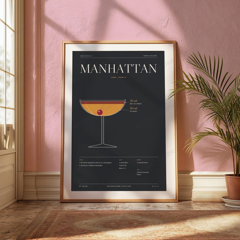 Manhattan Cocktail Recipe Print | Vintage Bar Poster | Minimalist Drink Art | Home Bar Decor image 5