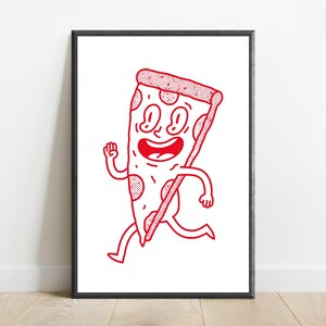 May include: A framed wall art print featuring a red line drawing of a cartoon pizza slice character with a smiling face, arms, and legs in a running pose. The pizza slice has a dotted texture on the crust and pepperoni toppings on a white background.