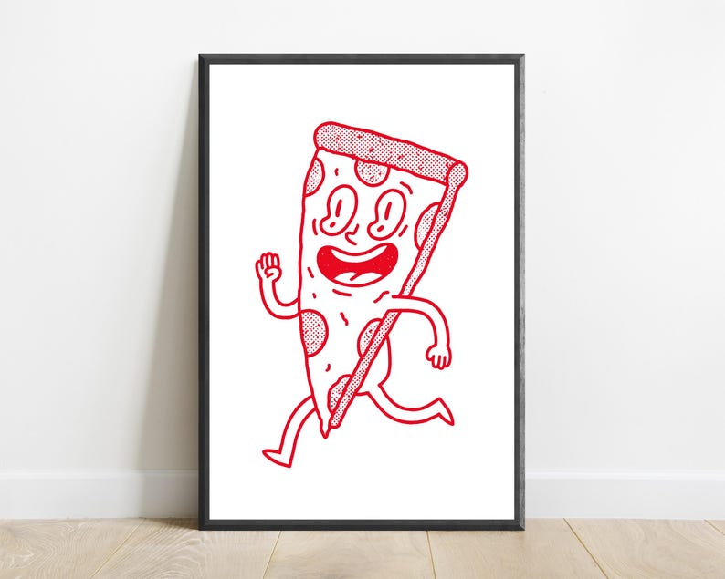 May include: A framed wall art print featuring a red line drawing of a cartoon pizza slice character with a smiling face, arms, and legs in a running pose. The pizza slice has a dotted texture on the crust and pepperoni toppings on a white background.