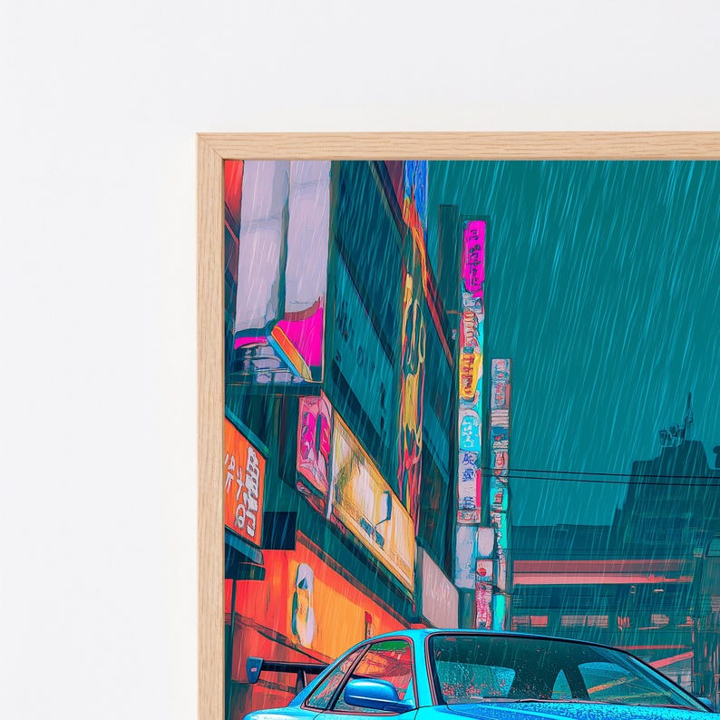 Stampa di un'auto sportiva blu neon in una città piovosa / Street art cyberpunk / Decorazione murale moderna / Download digitale A3 A2 A1 immagine 8