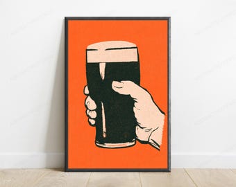 Dark Beer Pint Retro Art | Vintage Beverage Illustration | Risograph Style Kitchen Wall Art