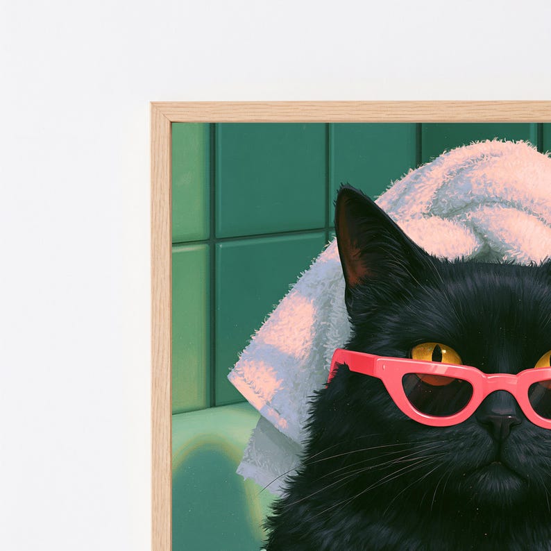 May include: A framed wall art print featuring a black cat with bright yellow eyes wearing vibrant pink cat-eye sunglasses. The cat has a white towel wrapped around its head, set against a background of green square bathroom tiles.