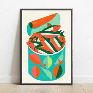 Retro popkonsttryck med fiskburk | Färgglad fiskematkonst | Väggdekoration i köket | Digital nedladdning A3 A2 A1 bild 1