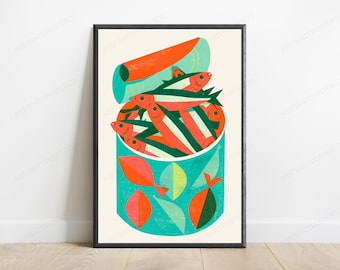 Retro Dose Fisch Pop Art Print | Bunte Fischen Lebensmittel Kunst | Küche Wand Dekor | Digitaler Download A3-A2-A1