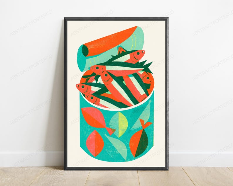 Retro popkonsttryck med fiskburk | Färgglad fiskematkonst | Väggdekoration i köket | Digital nedladdning A3 A2 A1 bild 1