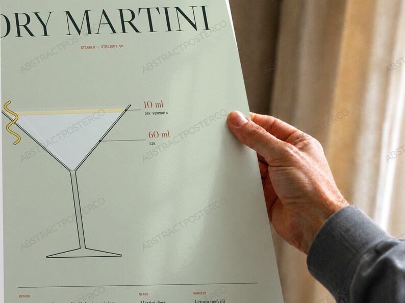 Dry Martini Cocktail Recipe Print in Sage, close-up of the print