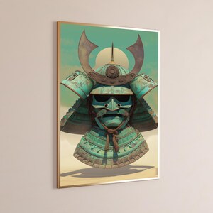 May include: A framed wall art print featuring a weathered teal samurai helmet with a prominent crescent-shaped crest and a dark brown cord tie. The helmet is set against a pale background with a large, soft circular shape behind the armor.