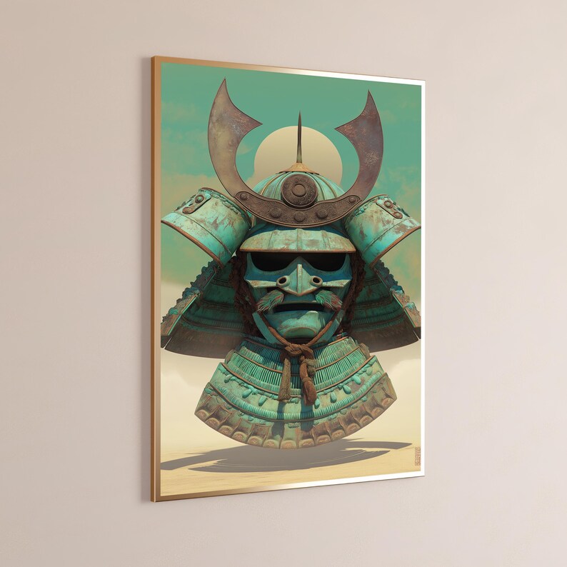May include: A framed wall art print featuring a weathered teal samurai helmet with a prominent crescent-shaped crest and a dark brown cord tie. The helmet is set against a pale background with a large, soft circular shape behind the armor.