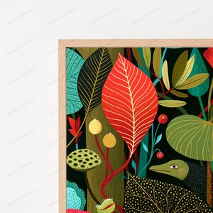 May include: A framed wall art print featuring a dense botanical illustration with a black background. The design includes a large central red leaf, various green foliage, yellow berries, a lotus seed pod, and a small green creature head.