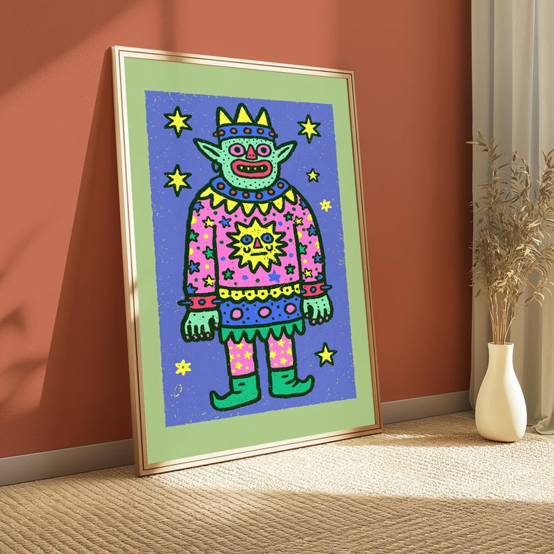 Colorful Demon Creature Pop Art Print | Whimsical Monster Wall Art | Vibrant Home Decor | Digital Download A3 A2 A1 image 2