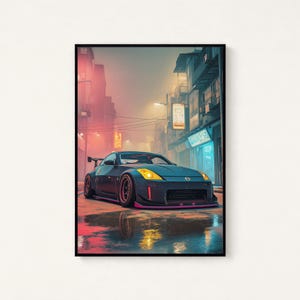 May include: A dark grey sports car with a rear spoiler and yellow headlights parked on a wet city street at night. The scene features a narrow urban alleyway with glowing neon signs, hazy atmosphere, and reflections on the ground surface.