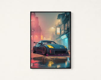Lámina de coche deportivo neón en ciudad lluviosa / Arte mural de coche JDM negro / Decoración estética cyberpunk / Descarga digital A3 A2 A1
