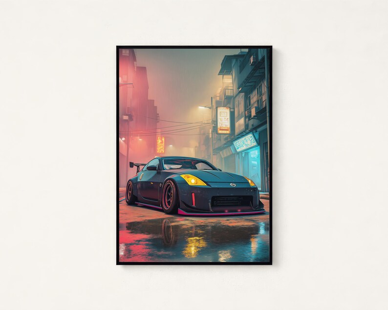 May include: A dark grey sports car with a rear spoiler and yellow headlights parked on a wet city street at night. The scene features a narrow urban alleyway with glowing neon signs, hazy atmosphere, and reflections on the ground surface.