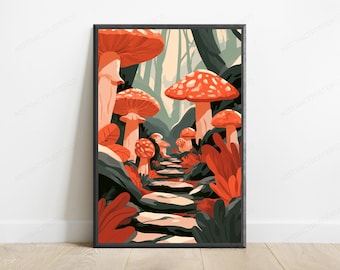 Enchanted Mushroom Forest Wall Art | Red Toadstool Fantasy Print | Whimsical Botanical Decor