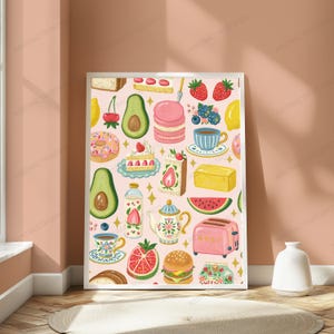 May include: A rectangular wall art print featuring a repeating pattern of colourful food illustrations on a light pink background. The design includes avocados, strawberries, cherries, a pink macaron, a teapot, a pink toaster, and various pastries.
