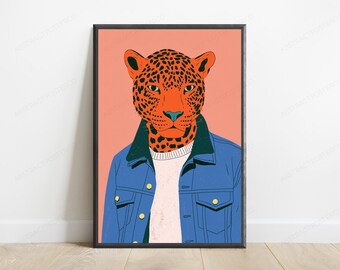 Cool Jaguar Denim Jacket Pop Art Print | Stylish Animal Portrait | Bold Graphic Wall Art